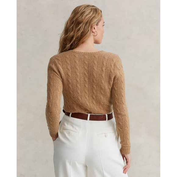 Polo Ralph Lauren Cashmere Merino Wool Cable Knit Jumper Sweater Camel Tan Vneck - Picture 3 of 12